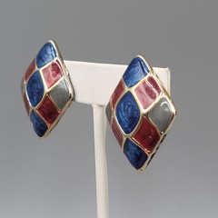 Blue Red Gray Enamel Vintage Clip on Earrings Gold tone 1.5 in