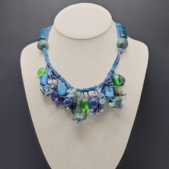 Eclectic Artsy Artisan Braided Cotton Mixed Material Beaded Vintage Necklace
