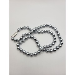 Vintage Glass Faux Pearl Necklace Pewter Silvery Gray Beads Hand Knotted 20.5″