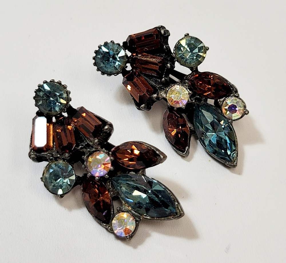 Vintage High End Claudette Brown Blue AB Rhinestone Earrings
