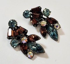 Vintage High End Claudette Brown Blue AB Rhinestone Earrings