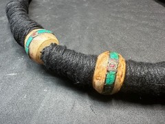Vintage Nepal Yak Bone Bead Necklace with Turquoise Coral Inlay, Handmade Triba