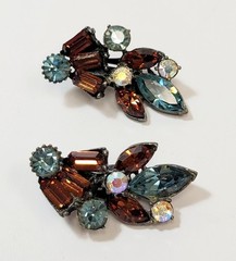 Vintage High End Claudette Brown Blue AB Rhinestone Earrings