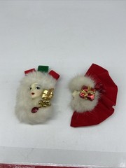 Vintage Christmas Brooch Lot 2pc Faux Fur Velvet Lady Face Gift Box Holiday Pins