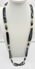 Vintage Long Hematite Beaded Necklace Triple Strand Gold Tone Faux Pearl 30”