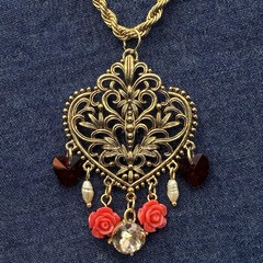 Vintage 1980s Filigree Heart with Crystals & Roses CUSTOM O-o-a-K Assemblage