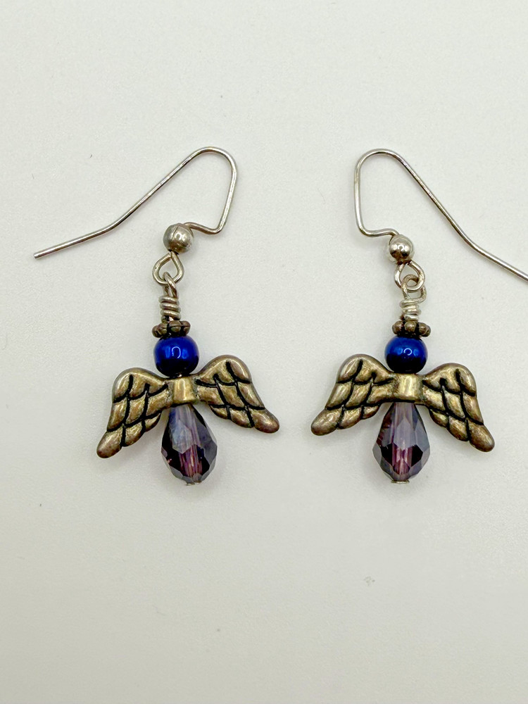 ANGEL WING DANGLE DROP EARRINGS WOMENS PURPLE GLASS BEAD HOOK RELIGIOUS JEWELRY