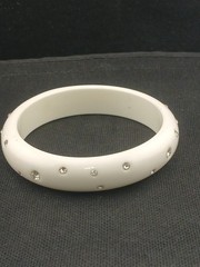 1940s- 50s Milky White Flush Set Clear stones Celluloid Bangle Bracelet size 8