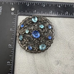 Vintage Pot Metal Rhinestone Brooch Silver Tone Blue