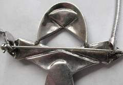 BIG STERLING 3 1/8 INCHES ART DECO BROOCH, SIGNED, MARCASITES & ONYX