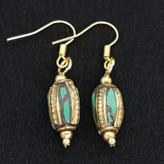 Vintage 2.50ctw Green Turquoise 14K Yellow Gold Silver Dangle Earrings 4.2g