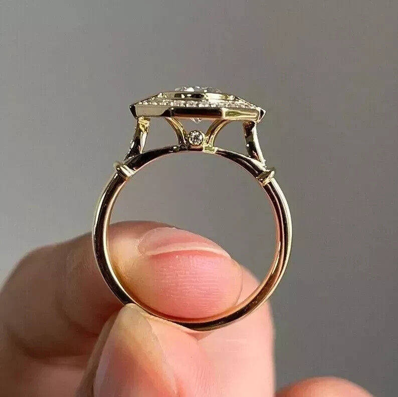 Art Deco Vintage Round Cut Lab Created Diamond 14K Gold Finish Engagement Ring