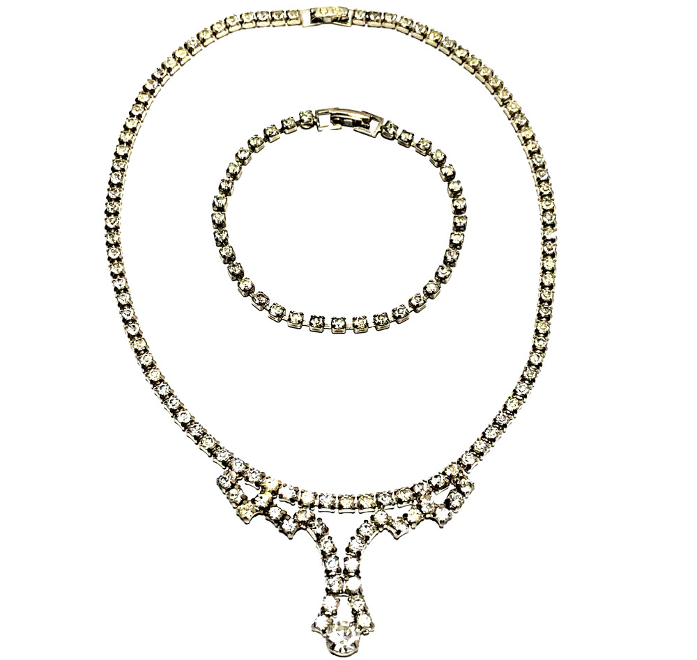 VTG 1940s-1950s Rhinestone Silver Tone Lavalier Necklace 16″ and Bracelet 7.25″