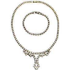 VTG 1940s-1950s Rhinestone Silver Tone Lavalier Necklace 16″ and Bracelet 7.25″