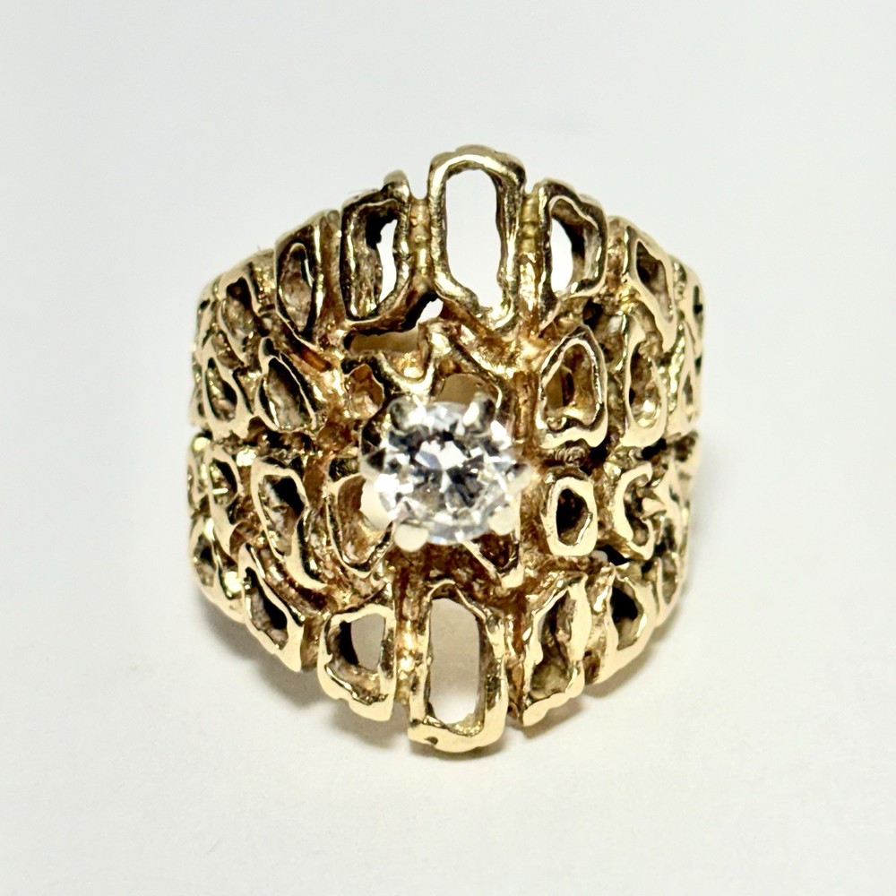 GG Certified Vintage Brutalist 14K Yellow Gold .53ct Diamond Size 7.5 Ring 11.5g