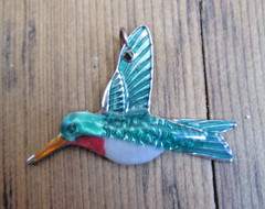 Hummingbird Enamel Pendant Blue Green Silver Tone Pink Yellow Beak Red White