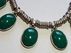 Vintage Old Pawn Necklace w 1″ Green Stones, Hand Made Coin Silver Settings 18″