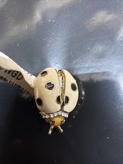 Vintage St. John Gold Tone White Enamel Green Eyed Bug Pin 23mm, 6.7g