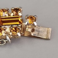 Vintage Rhinestone Bracelet Orange Glass Tennis Safety Chain Gold Tone 6.5″