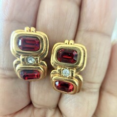 Vintage Gold Tone Ruby Red Rhinestone Geometric Art Deco Revival Post Earrings