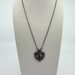 Vintage Gothic Steampunk Heart Pendant Necklace Gunmetal Tone Red Skulls Gears