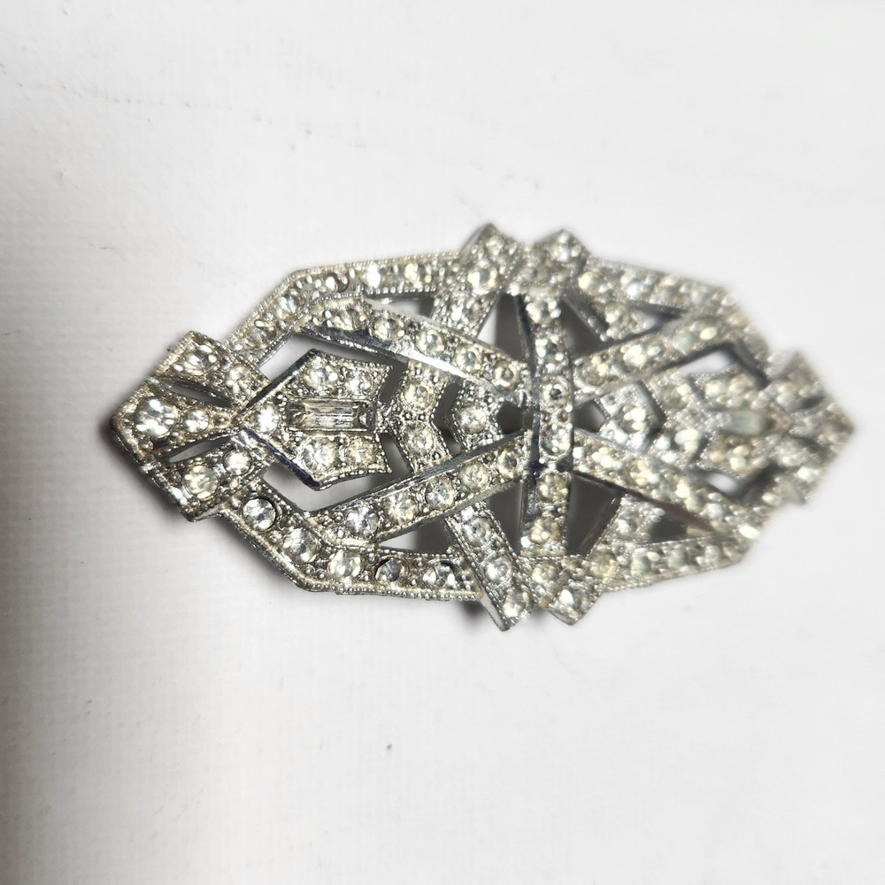 Vintage Rhinestone Pot Metal Geometric Brooch Pin Clear Crystal Retro