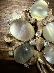 Vintage Joseph Mazer Jomaz Golden Ridged Moonstone Cabochon & Rhinestone Brooch