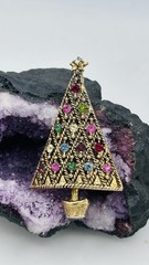 Vintage Hollycraft Christmas Tree Brooch Multicolor Rhinestone Gold Tone Pin