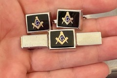 Vintage Anson Freemason Masonic Cufflinks Tie Bar Set Black Enamel Original Box