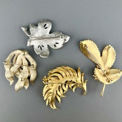 Vintage BSK Brooch Lot Leaf Feather Seaweed Faux Pearl Brushed Gold Tone Signed
