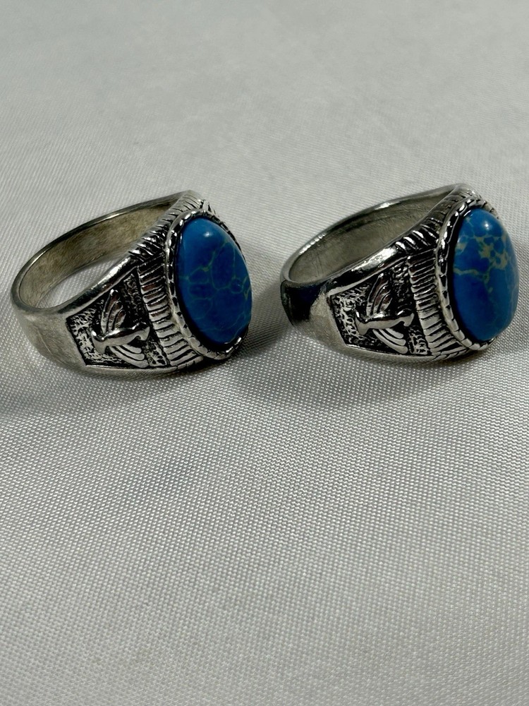 Lot of 2 Men’s Size 11 Costume Rings Blue Turquoise Look Cabochon Silver Tone