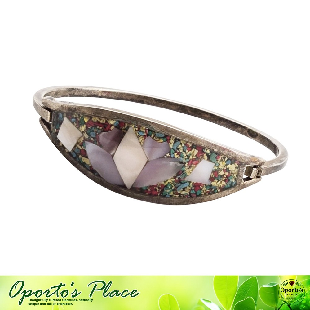 Vintage Alpaca Mexico Silvertone Hinged Bracelet Inlaid Mother Of Pearl Abalone