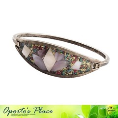 Vintage Alpaca Mexico Silvertone Hinged Bracelet Inlaid Mother Of Pearl Abalone