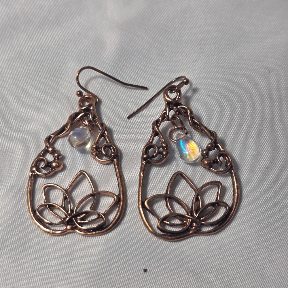 Copper Tone Lotus Teardrop Earrings Wire-Wrapped Designs Iridescent Crystal