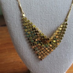 Vintage Gold Mesh Bib Necklace w Dainty Chain 1970s Disco Style