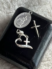 VINTAGE Religious Pendants Lot of 3 Cross Charms 1940-70 Christian Heart Medal