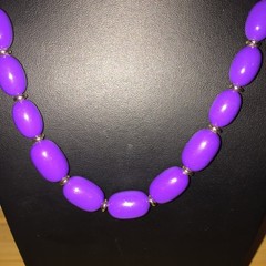 Vintage Beaded Necklace Gold Tone Purple Acrylic Bead Strand Jewelry