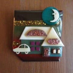 Retro Lucinda House Pin Crescent Man in Moon Gold & Pink Glitter Striped Night