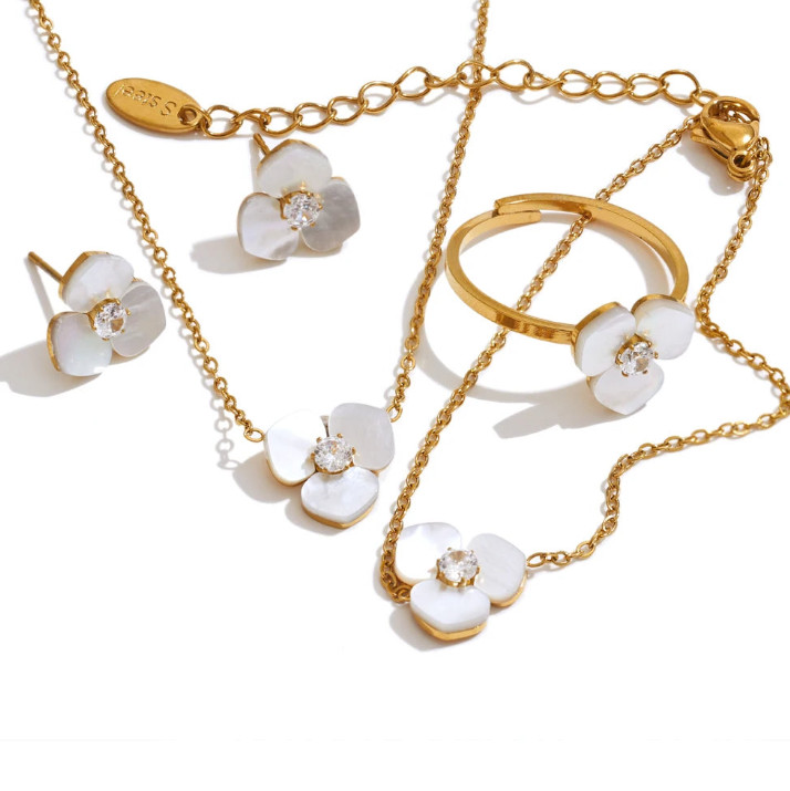 Shell Flower Jewelry Set Waterproof Gold Tone Stainless Steel Vintage
