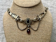German Jugendstil Albertina Watch Chain Red Glass Drop Clover Mark c.1910-1925