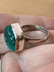 VINTAGE CARVED FLOWER AQUA BLUE GLASS RING 925 STERLING UNIQUE HEXAGON SHAPE