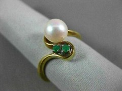 ESTATE .05CT AAA EMERALD & SOUTH SEA PEARL 14KT YELLOW GOLD 3D ANNIVERSARY RING
