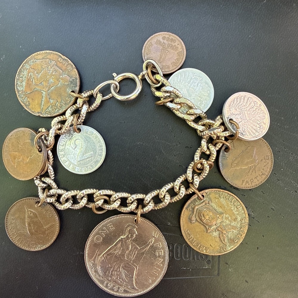 Vintage Mid Century Foreign Coin Charm Bracelet 1950’s 1960s World Travel 7″