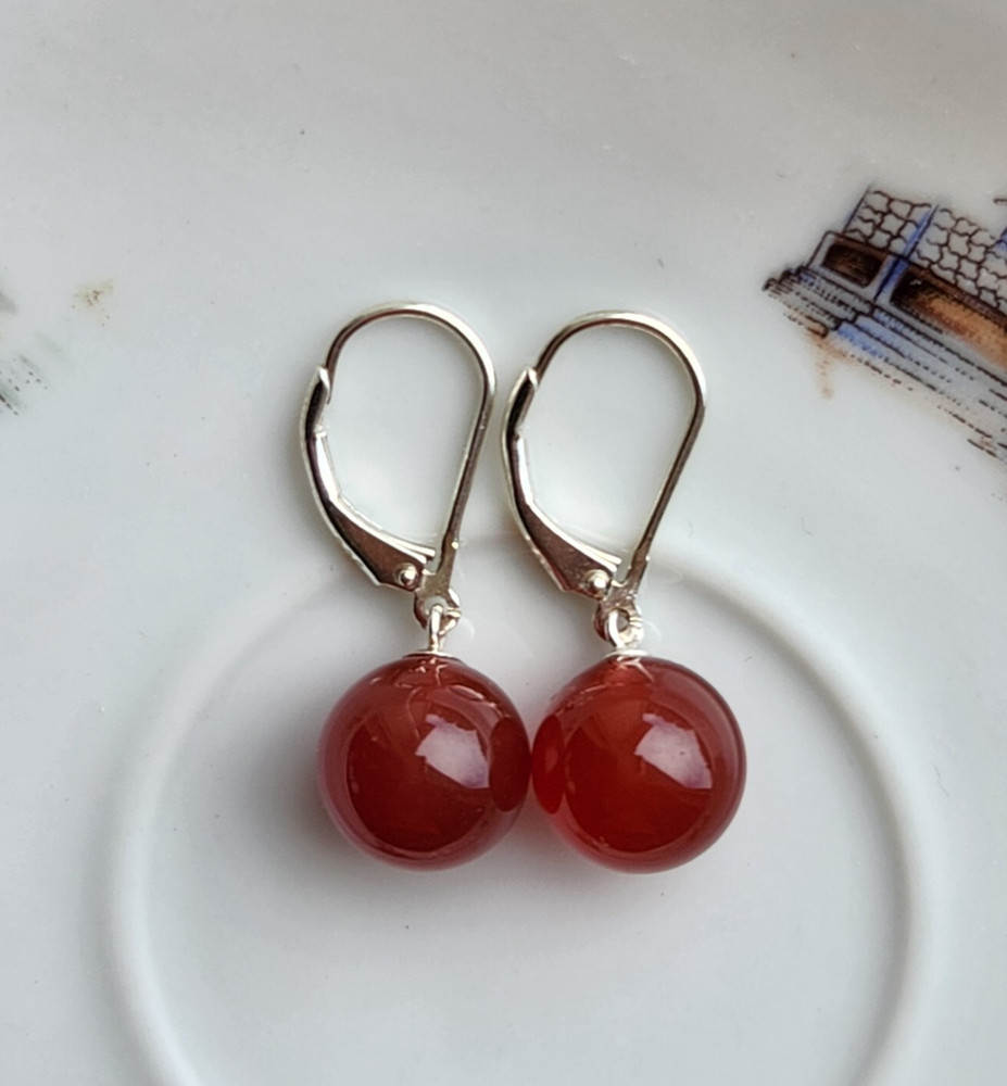 TEAR DROP Round 10.6mm Natural CARNELIAN LEVER BACK 1” EARRINGS 925 Silver