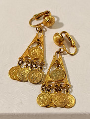 Vintage Gold Tone French Coin Chandelier Clip On Earrings Republique Francaise