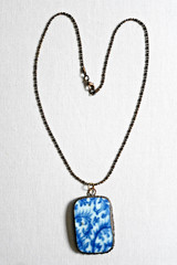 Vintage Blue and White Porcelain Shard Floral Botanical Pendant Necklace