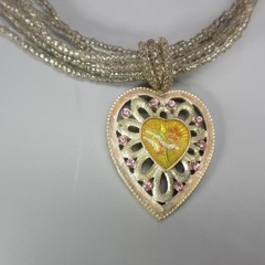 Heart Necklace Pendant Enamel Rhinestone Glass Seed Bead Multistrand 1928 18″