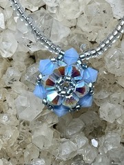 Handmade Beaded Pendant Necklace Blue Crystal Aurora Borealis Snowflake /Flower