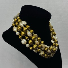 Vintage Japan 5 Strand Beaded Necklace Gold & White C956