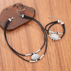 Vintage Oval Faux Leather Necklace Bracelet Set Women Gold Silver 2pc Jewelry